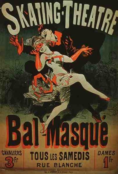 Annons för en "Skating Theatre Masked Ball" (litho i färg) av French School