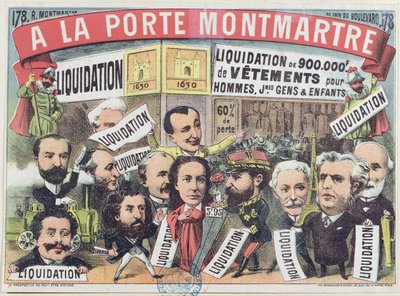 Annons för en klädförsäljning på Paris varuhus La Porte Montmartre, ca 1880 av French School