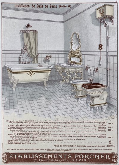Annons för badrum tillverkade av Etablissements Porcner, 1899 av French School