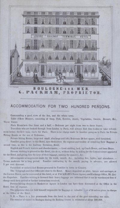 Annons för Louvre Railway Terminus Hotel, Boulogne-sur-Mer, Frankrike (litho) av French School