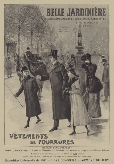 Reklam för pälsplagg från Belle Jardiniere, Paris (litho) av French School