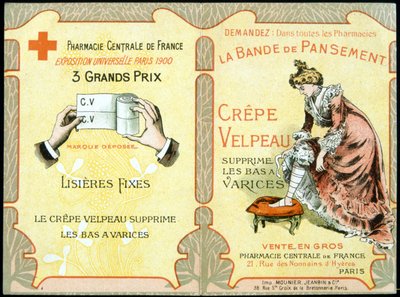Reklamkort för "" Velpeau Crepe Dressing Band tar bort åderbråck"". Sd. 1800-talet. av French School