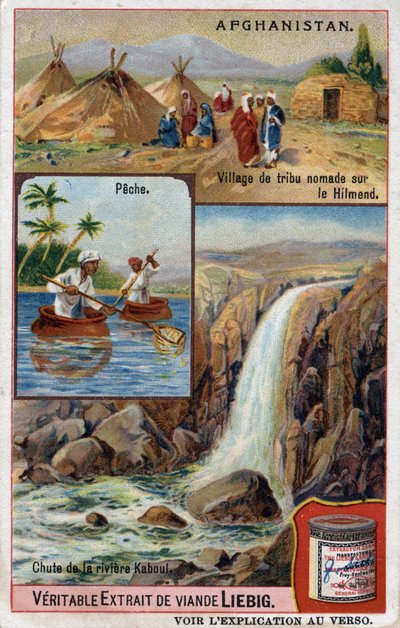 Werbekarte zeigt ein Nomadenstammdorf am Hilmend, Fischer und den Fall des Kabul-Flusses in Afghanistan. Chromolithographie des 19. Jahrhunderts. von French School