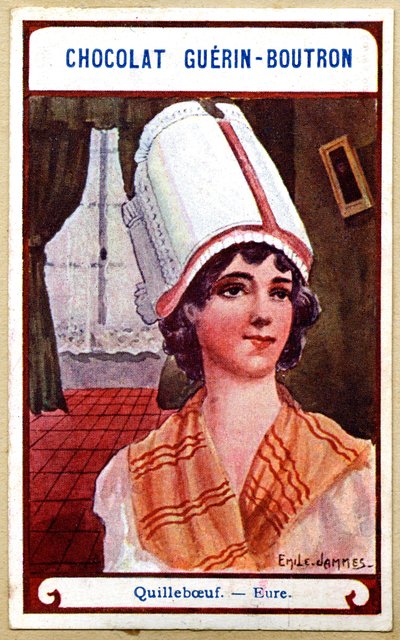 Reklamkromolitografi av choklad Guerin Boutron, huvudbonaderna i regionerna i Frankrike, Quillebœuf, Eure, illustration Emile Jammes (kromolitografi) av French School