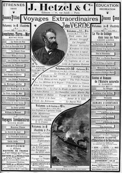 Reklam för Jules Vernes romaner som närmar sig slutet av året 1887, redaktör J. Hetzel. av French School