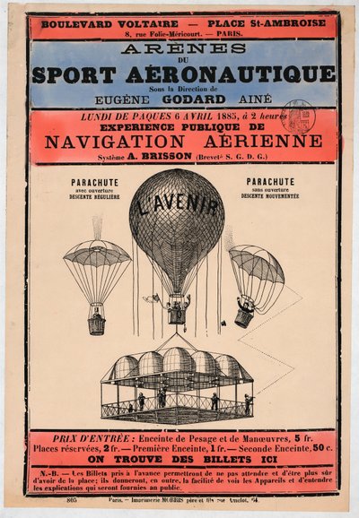 Aeronautics Exhibition kommer att hållas i Paris 1885 under ledning av Eugene Godard, pb. 1885 (färglitografi) av French School