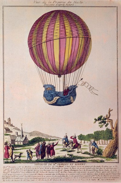 Aerostat: det andra försöket att flyga på en ballong. Charles och Robert landar på Prairie de Nesle, nära Paris, efter en resa med en vätgasballong den 01/12/1783. Gravyr från 1700-talet. av French School