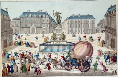 Aerostat: det andra försöket att flyga på en ballong. Hela Charles och Roberts aerostatiska jordklot i Paris, efter en resa på en vätgasballong, 1783-02-12. Anonymt 1700-talstryck. Paris, dekorativ konst av French School