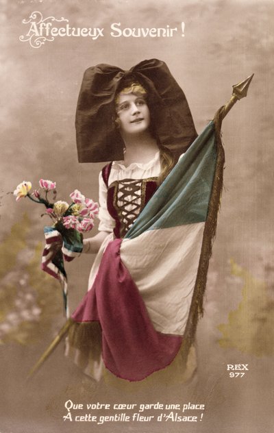 Tillgivna minne! Låt ditt hjärta behålla en plats för denna söta blomma i Alsace!, vykort, 1914-18 av French School