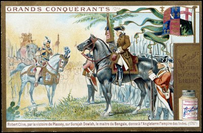 Efter Plasseys seger över Surajah Dowlah (Suraj Ud-daula eller Ud Daula Ud Daulah eller Ud-Daulah) gav Bengalens mästare England Indiens imperium 1757. 1800-talets liebig kromolitografi. av French School