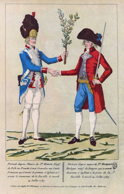 Porträtt efter naturen av Sieur Harne, grenadjär, och Sieur Humbert, urmakare. De var de första männen som attackerades under erövringen av Bastiljen den 14 juli 1789. Gravyr från 1790. av French School