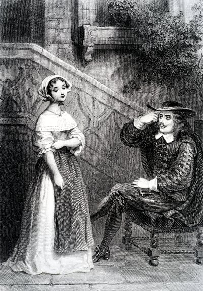Agnes med sin vårdnadshavare Arnolphe, från The School for Wives, av Moliere av French School