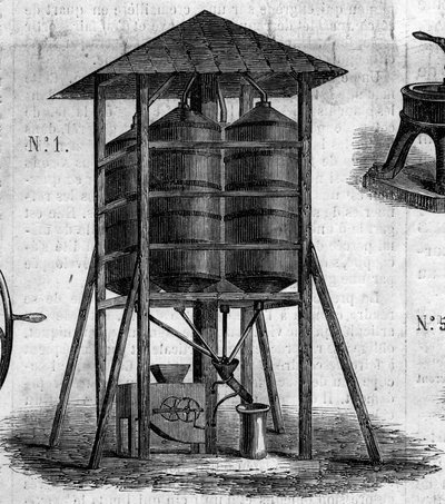 Jordbruksmaskin: en konservativ vind för vete som presenterades på 1860 års jordbruksutställning i Paris. Gravyr i "" Le Monde Illustré"" nr 168 av 30 juni av French School