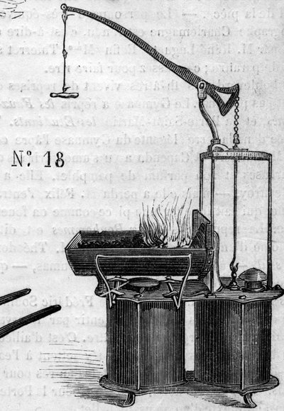 Jordbruksmaskin: en kolvsmedja med dubbel vind som presenterades vid lantbrukstävlingen i Paris 1860. Gravyr i "" Le Monde Illustré"" nr 172 av 28 juli 1860. av French School