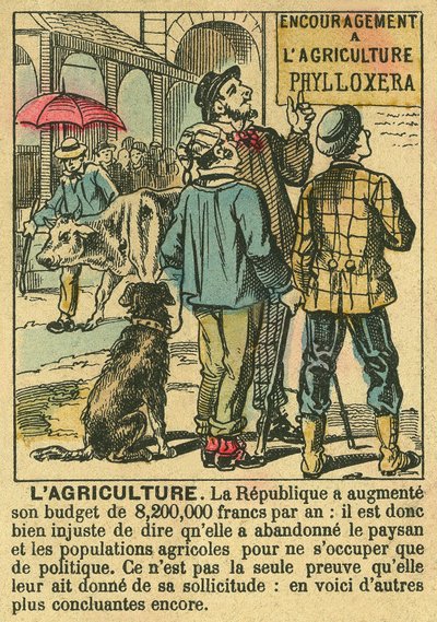 Jordbruket illustrerar den tredje republikens fördelar på jordbruksinvesteringar och dess oro för bondebefolkningen. Gravyr, i "" Le Figaro, tillägg"", den 30/03/1889, Paris. Coll. Selva. av French School