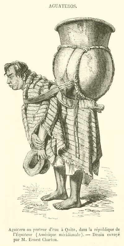 Aguatero eller vattenbärare i Qnito, Ecuador, Sydamerika (gravyr) av French School