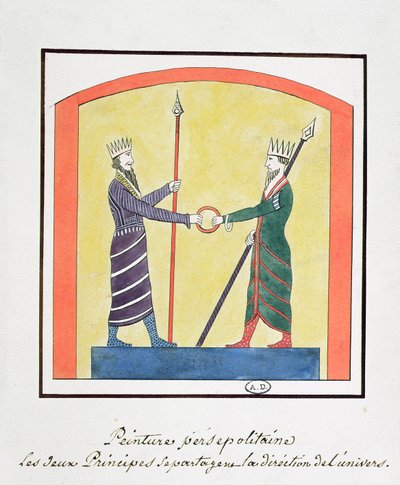 Ahura Mazda och Angra Mainyu tvistar om världen, kopia av en fris från Persepolis av French School