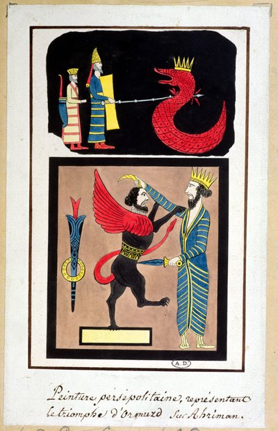 Ahura Mazda triumferar över Angra Mainyu, kopia av en fris från Persepolis av French School