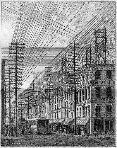 Air elektriska ledningar, i Philadelphia (USA), hörnet av Chestnut Street och tredje gatan. Gravyr i "" La Nature. Revue des sciences et de ses applications aux arts et a l