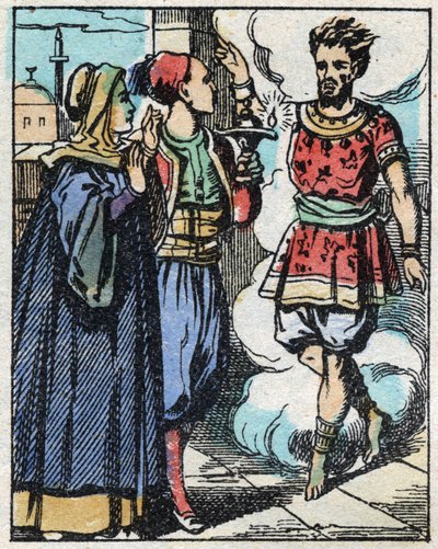 Aladin och hans mamma gnuggade den magiska lampan och fick Anden att dyka upp. Gravyr av berättelsen om Tusen och en natt "" Aladin och den underbara lampan"". Epinal avbildning, sent 1800-tal. Privat samling. av French School