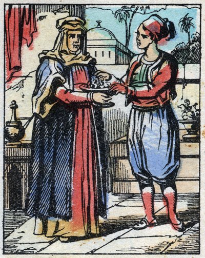 Aladin lägger överdådiga diamanter i en guldbägare och skickar sin mor för att erbjuda dem till sultanen för att fria till sin dotter. Gravyr av berättelsen om Tusen och en natt "" Aladin och den underbara lampan"". Epinal avbildning, sent 1800-tal. Privat av French School