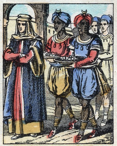 Aladin skickade igen sin mor eskorterad av slavar som bar gåvor för att fria till sultanens dotter. Gravyr av berättelsen om Tusen och en natt "" Aladin och den underbara lampan"". Epinal avbildning, sent 1800-tal. Privat samling. av French School