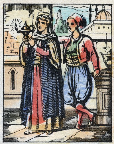 Aladin bär den magiska lampan till sin mamma. Gravyr av berättelsen om Tusen och en natt "" Aladin och den underbara lampan"". Epinal avbildning, sent 1800-tal. Privat samling. av French School