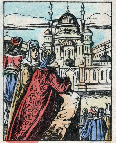 Aladin önskar att Genie ska bygga ett överdådigt palats mitt emot sultanens palats. Gravyr av berättelsen om Tusen och en natt "" Aladin och den underbara lampan"". Epinal avbildning, sent 1800-tal. Privat samling. av French School