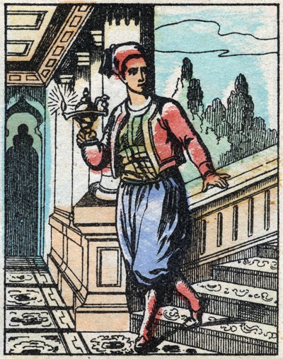 Aladin med den magiska lampan hittar inte längre fram. Gravyr av berättelsen om Tusen och en natt "" Aladin och den underbara lampan"". Epinal avbildning, sent 1800-tal. Privat samling. av French School