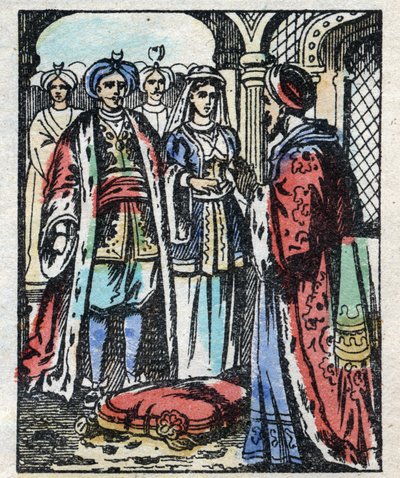 Aladins bröllop med sultanens dotter. Gravyr av berättelsen om Tusen och en natt "" Aladin och den underbara lampan"". Epinal avbildning, sent 1800-tal. Privat samling. av French School
