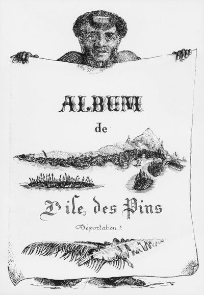 Album av Isle of Pines, Nya Kaledonien, deportation, illustration på framsidan, 1877 (bw litho) av French School