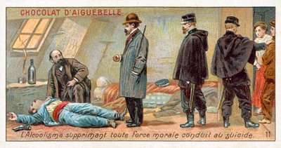 Alkoholism undertrycker all moralisk styrka och leder till självmord (chromolitho) av French School