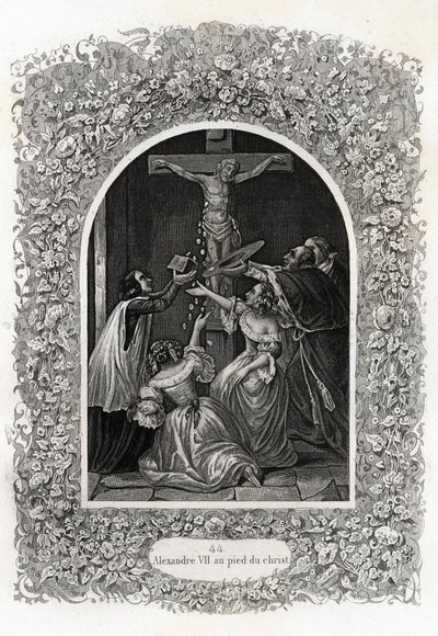Alexander VII (Alexander eller Alessandro) (påven 1655 till 1667) vid Kristi fot. Gravyr för att illustrera Histoire des popes av Maurice Lachatre (1814-1900), librairie du progres, Paris. av French School