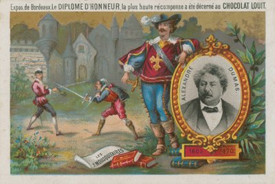 Alexandre Dumas och en scen ur De tre musketörerna av French School