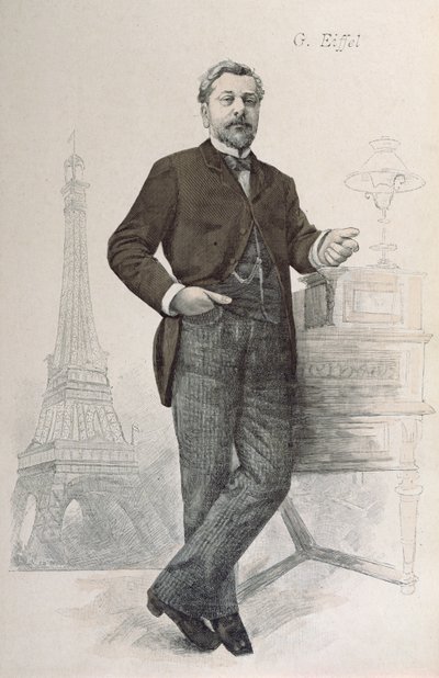 Alexandre Gustave Eiffel poserar vid sitt skrivbord med en teckning av Tour Eiffel, illustration från La Revue Illustree, 1888 av French School