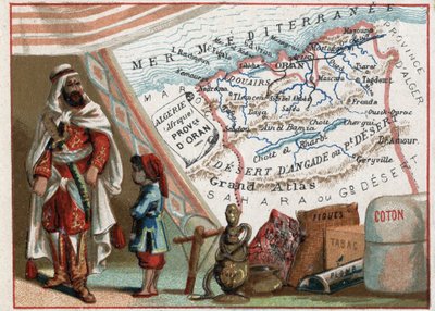 Algeriet i Afrika och provinsen Oran, Frankrike. Serie om de franska departementen. Import av fikon, bomull, tobak, agat och bly. Kromolitografi (Chromo) "" den geografiska tråden"", ca 1920. Privat samling. av French School