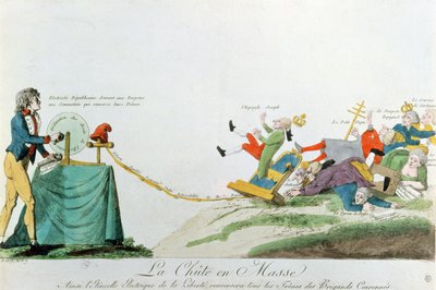 Alla faller ner, elektriciteten som genererades av deklarationen om mänskliga rättigheter under den franska revolutionen störtar Europas troner och monarker, ca 1793 av French School