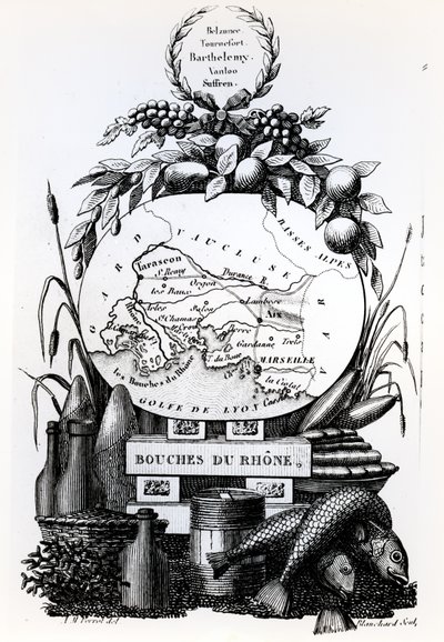 Allegorisk karta över departementet Bouches-du-Rhone, ca 1830 av French School