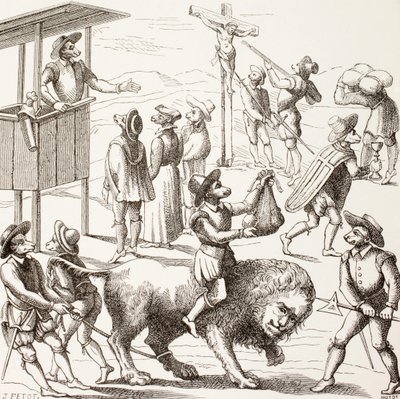 Allegorisk bild av överdrifter som sägs ha begåtts av hugenotterna, från "Military and Religious Life in the Middle Ages" av Paul Lacroix, publicerad i London ca 1880 av French School