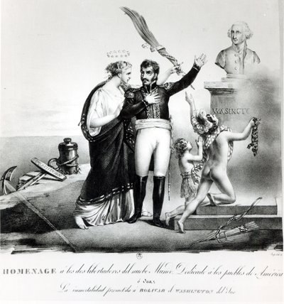 Allegoriskt porträtt av general Simon Bolivar (1783-1830) ca 1840 av French School