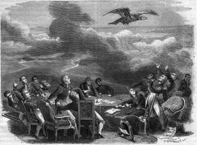 Allegori om slutet av Wienkongressen 1815 - extraordinär agitation av diplomater som lärde sig Napoleons avstigning - i "Imperiets historia efter konsulatets historia" av Adolphe Thiers - 1879 - privat samling av French School