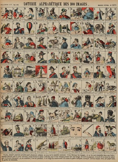 Alfabetisk lotteri med hundra bilder (färgad gravyr) av French School