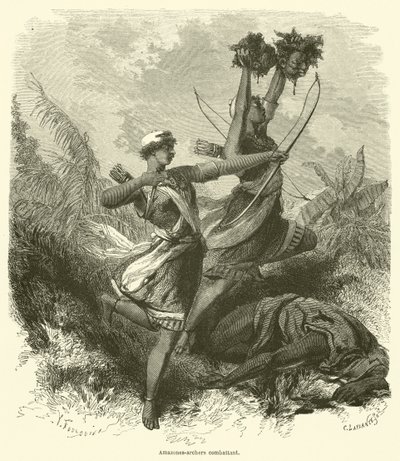 Amazons-bågskyttar slåss (gravyr) av French School