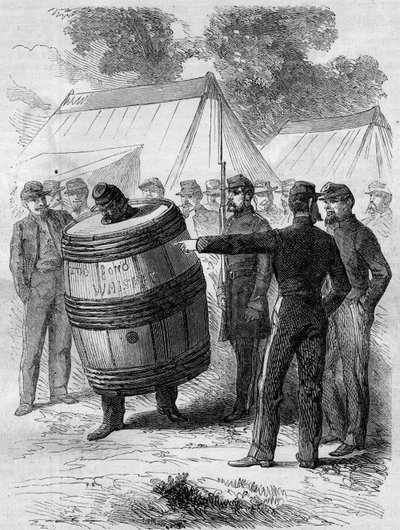 Amerikanska inbördeskriget (1861-1865): bestraffning av en berusad soldat från Confedere-armén. Han har på sig en tunnpierce och rullator genom lägret under andra soldaters underhållande blick. Gravyr i "" Le Monde Illustré"" nr 276 av 26 juli 1862. av French School