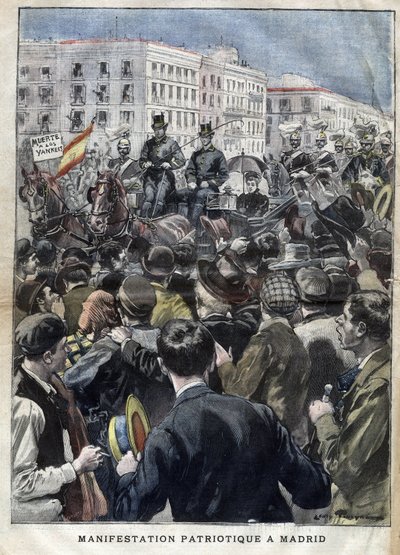 Amerikanska Hispano-kriget (eller Desastre 1898) - patriotisk demonstration i madrid 1898 i närvaro av drottning Mary Christine av Spanien (1858-1929) - gravyr i "La petite Gironde" från 1898 av French School