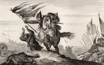 En fransk riddare i strid från 800-talet, ur "Histoire de France" av Colart, publicerad ca 1840 (gravyr) av French School