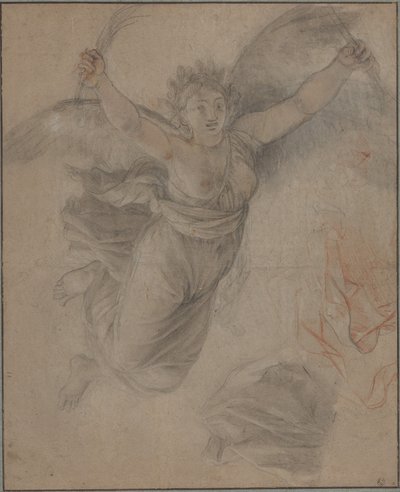 En allegorisk kvinnofigur (svart och röd krita, förstärkt med vitt, på brunfärgat papper) av French School