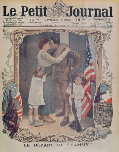 En amerikansk soldat på väg till Europa under första världskriget, omslagsillustration av Le Petit Journal, 13 januari 1918 av French School