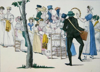 En kväll i Koblentz, plansch 20 från "Le Bon Genre" (början av 1800-talet) (kolorerat gravyr) av French School