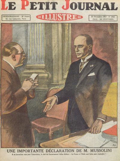 En viktig förklaring av Benito Mussolini (1883-1945) från Le Petit Journal, 25 december 1927 av French School